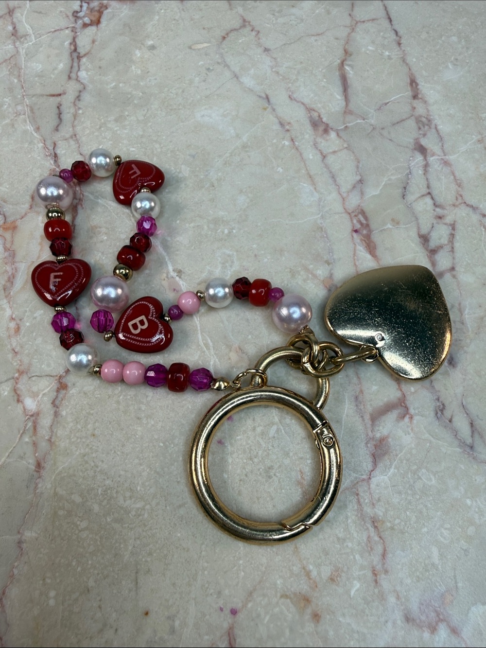 Gold Heart Keychain Charm with Pink, Red and Pearl Beads - B - F